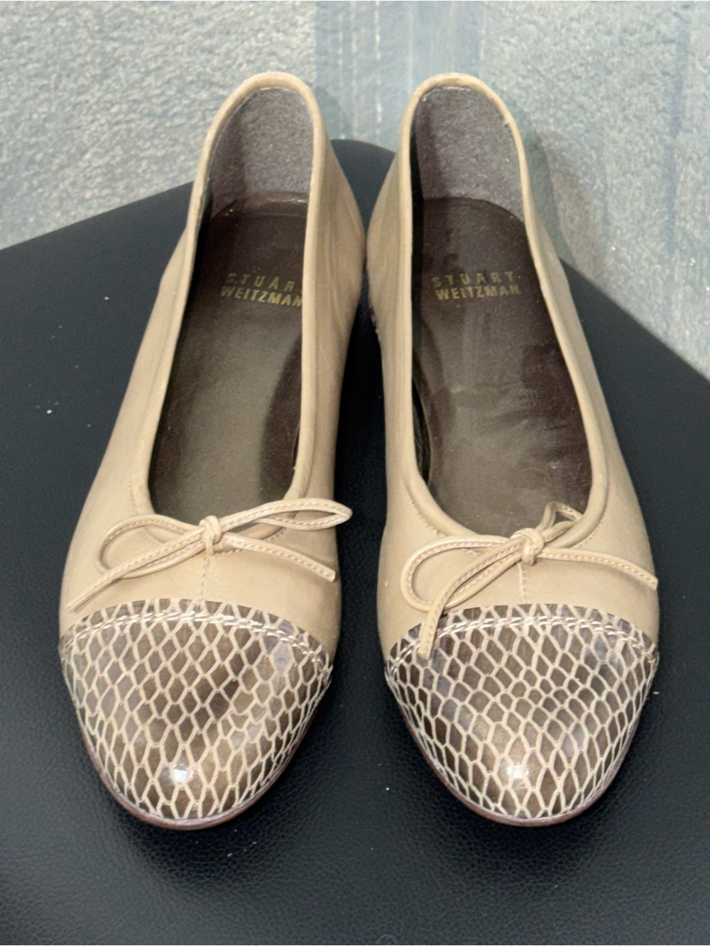 Stuart Weitzman Taupe Ballet Flats with Snakeskin Cap Toe
